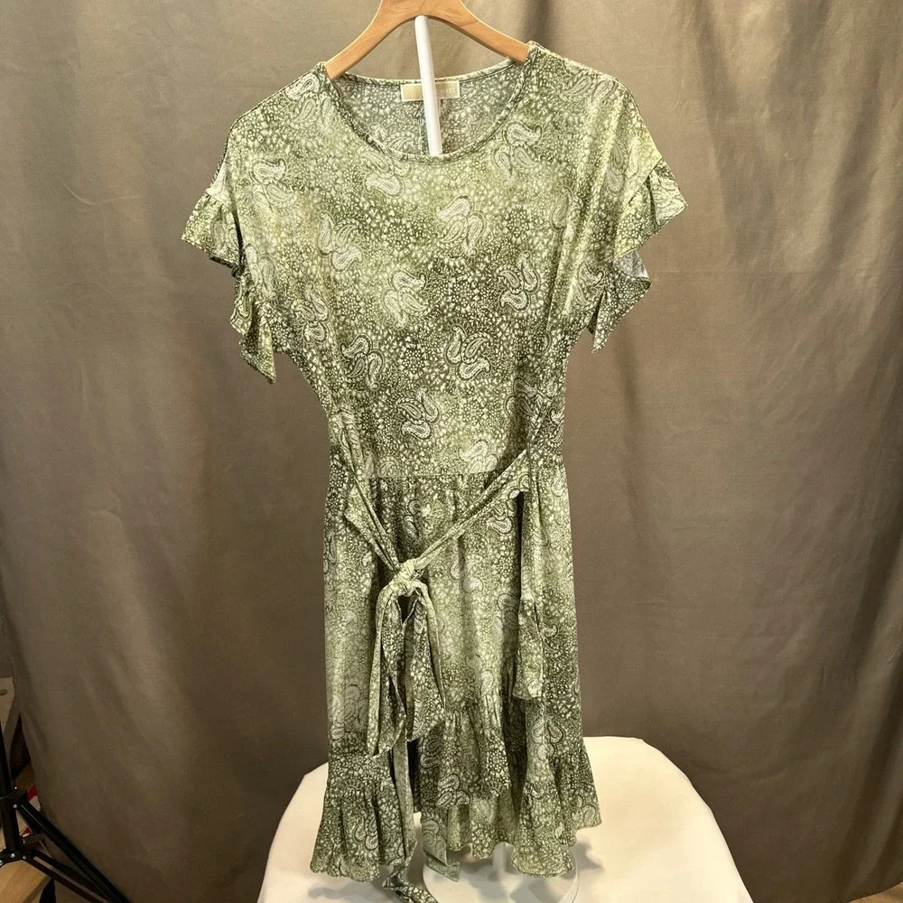 Michael Kors Womens Green Paisley Ruffle Hem Tie Waist Dress Size M Short Sleeve